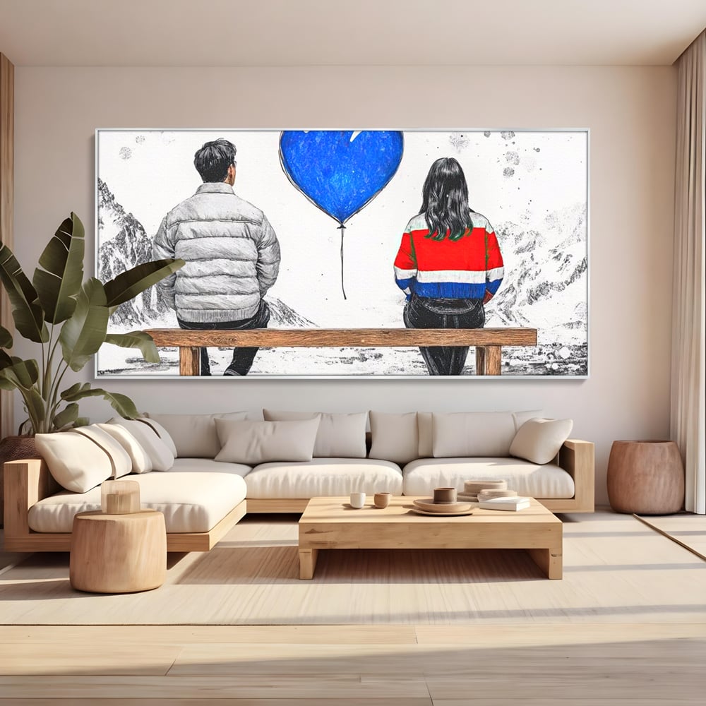 Tablou canvas cu ilustratie cu doi tineri pe banca, in rama de aluminiu argintiu, pe perete intr-un living